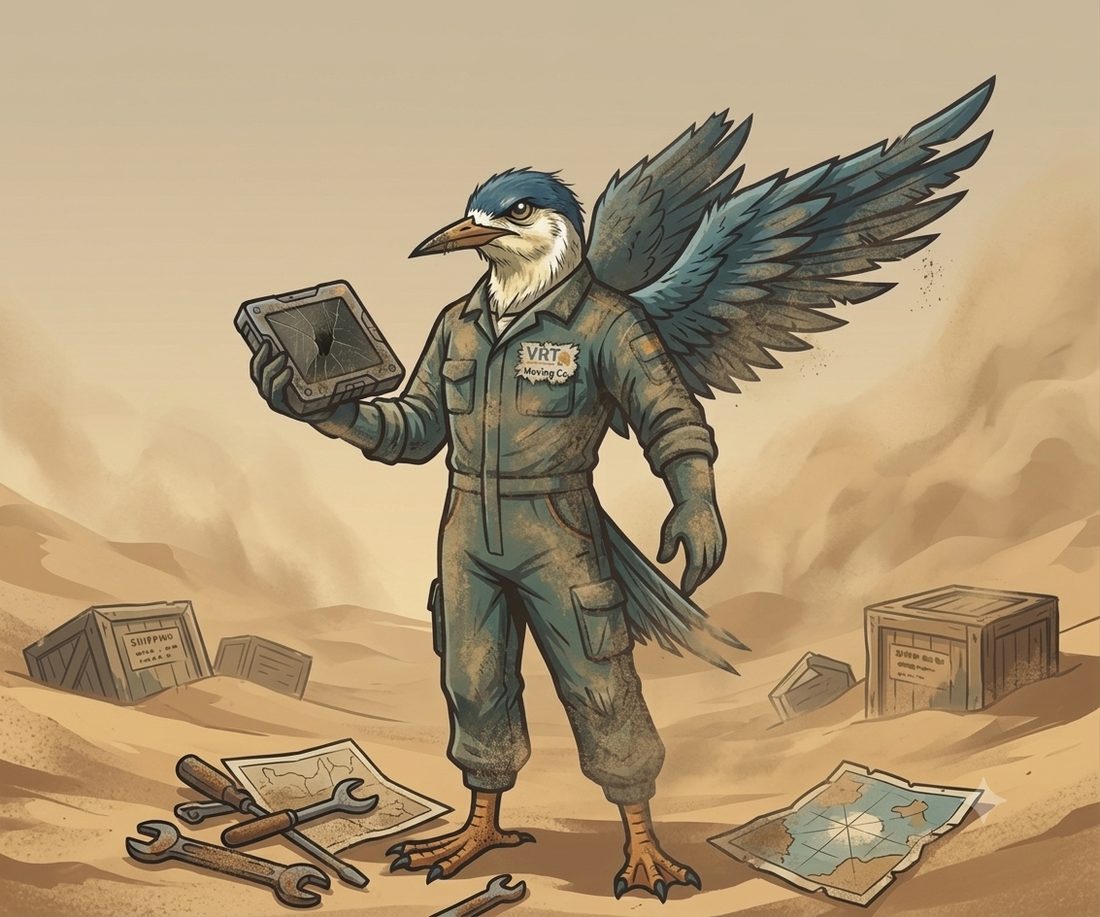 Vern the Tern, in VRT Moving Co. coveralls, in the desert with a fistful of maps